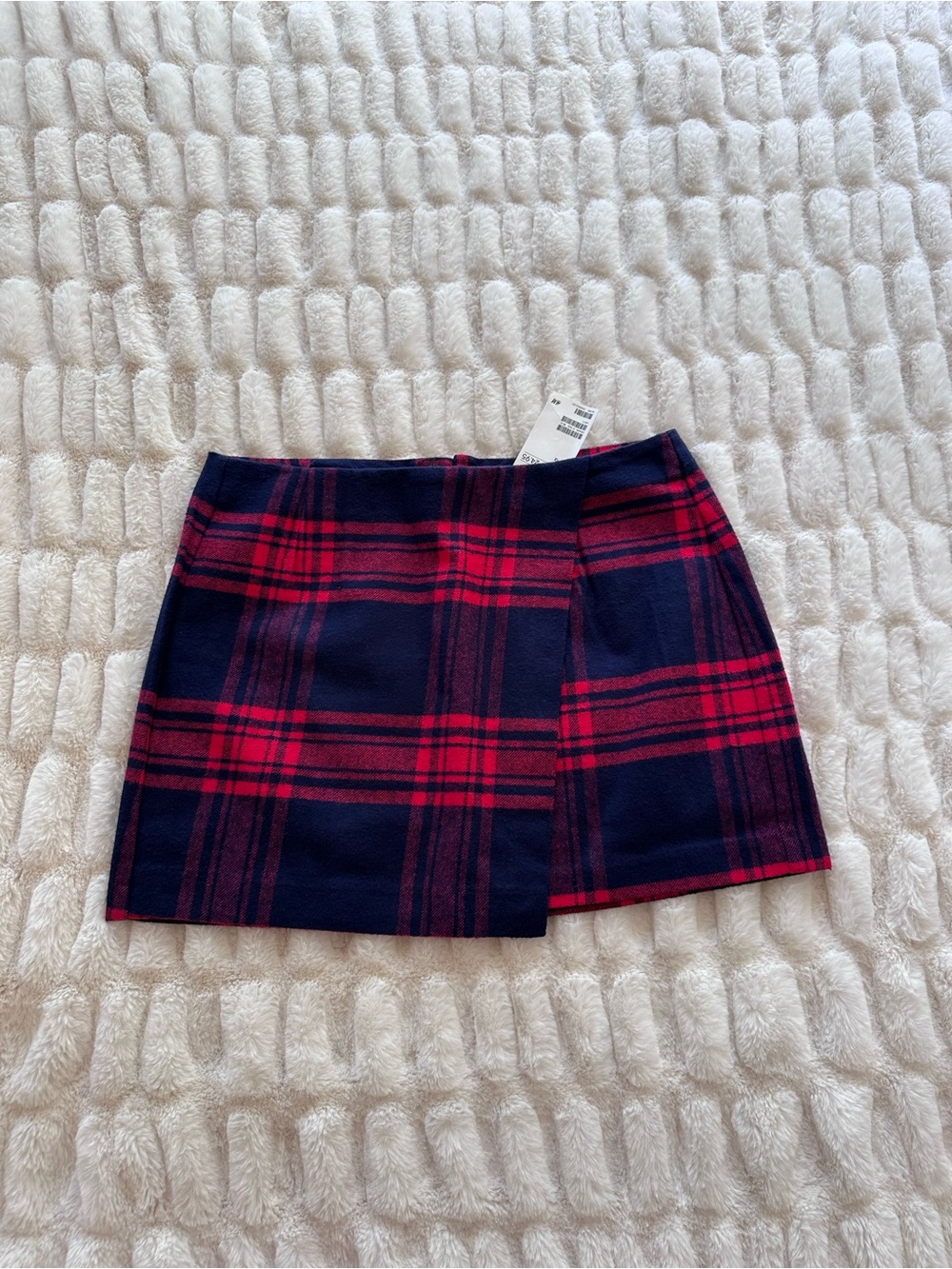 H&M Navy and Red Plaid Wrap-Style Mini Skirt